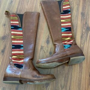 Teysha artisan rugged tan leather boots with embroidered fabric southwestern sty